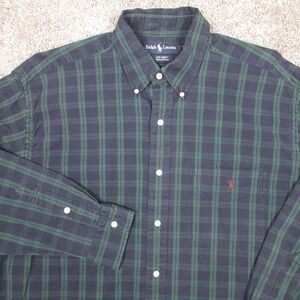 Vintage Ralph Lauren Shirt Mens Medium Blue Tartan Plaid Red Pony Logo Big Shirt